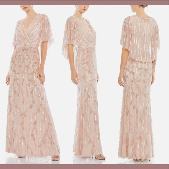 NWT $698 Mac Duggal [ 14 ] Embellished Cap Sleeve Cape Trumpet Gown‎ Blush - Picture 2 of 16